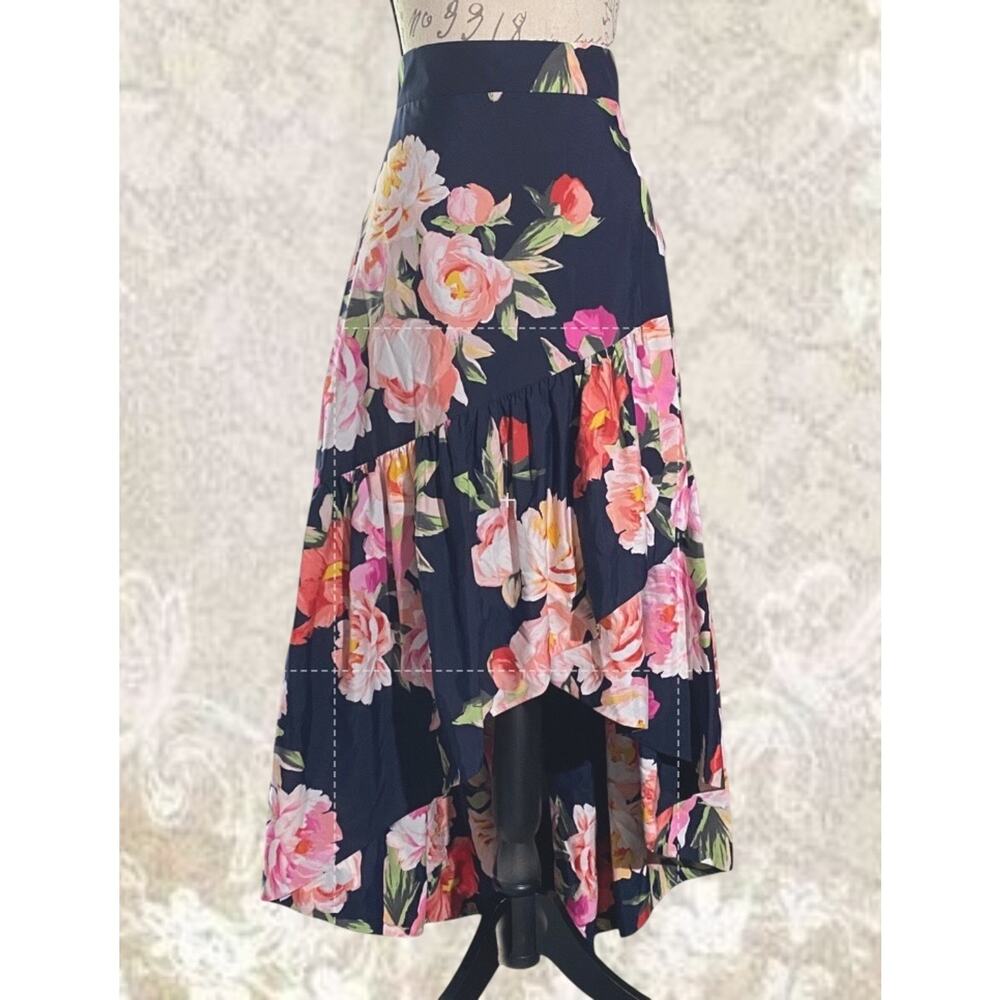 Eliza J Navy Floral High Low Cascade Ruffle Womens 6 Wedding/Peasant Skirt - Picture 2 of 12